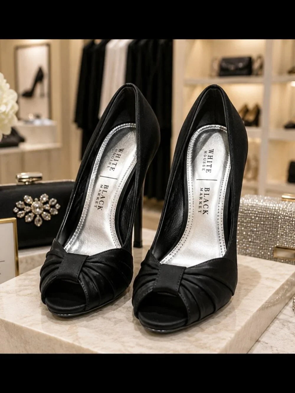 White House Black Market Black Satin Peep Toe Bow Stiletto Pumps